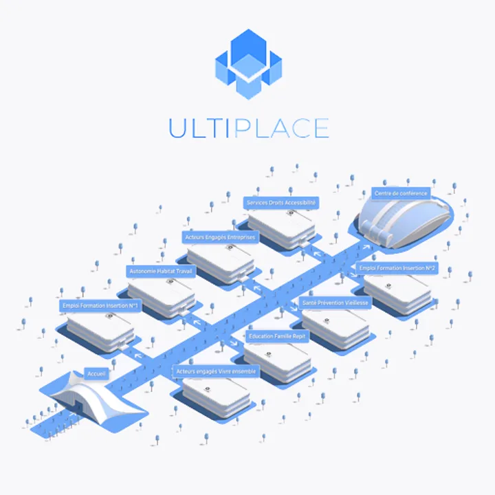 Plan isométrique d'un salon virtuel Ultiplace : halls thématiques, stands d'exposants et centre de conférence