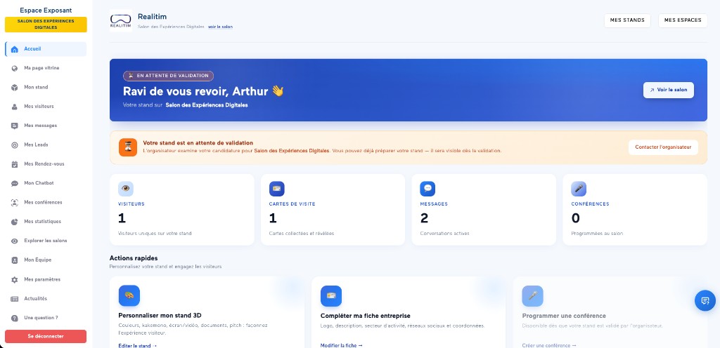 Tableau de bord — stand en attente de validation